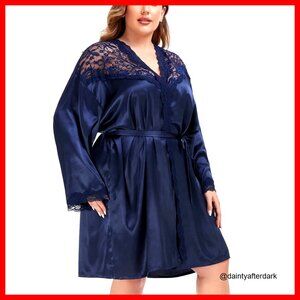 Plus Size Silky Kimono Robe with Lace Short Bathrobe Dressing Gown